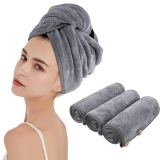 KinHwa Turban Handtuch mit Knopf Mikrofaser Haarturban für die Haare schnelltrocknend Haarhandtuch super saugfähig und weich für Lange Haare und alle Haartypen 25cmx65cm 3 Stück Grau