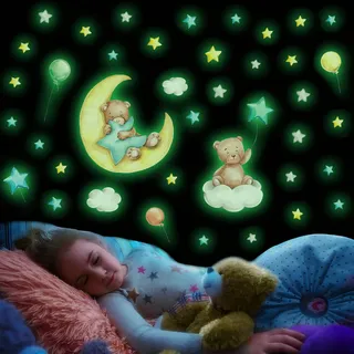 Leuchtsterne Kinderzimmer Deko Wandtattoo, Babybär Leuchtend im Dunkeln Wandsticker für Schlafzimmer, Mond/Sterne Leuchtend Selbstklebend Wandaufkleber, Leuchtsticker Kinderzimmer für Mädchen Jungen