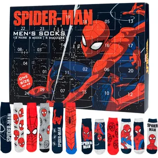 Marvel Spiderman Adventskalender mit 12 Paar Socken Größe 40-45 für Herren Weihnachtskalender mit Sneakers und langen Socken