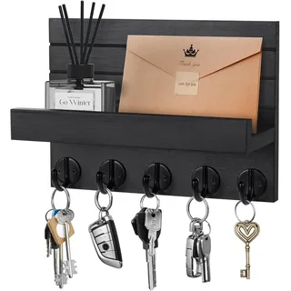 Kldgris Schlüsselbrett mit Ablage, Dekoratives Holz Wandregal, Schlüsselbrett Holz Schwarz, mit 5 Schlüsselhaken, für Eingang, Flur, Schlafzimmer, Wohnzimmer