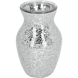 Silberne Vase, 20cm Hoch X 10cm Durchmesser Kristallmosaik-Blumenvase, Silberfarbene Crackle-Glasvase, Hausdekoration, Tischdekoration, Moderne Geschenke Für Zuhause, Urlaub, Jubiläumsfeier