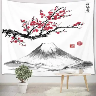LB 150x100cm Wandteppich Rote Kirschblüte Wandtuch Grauer Berg Wandbehang japanisch Tapisserie für Wohnzimmer Schlafzimmer Wohnheim Wanddeko