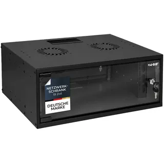 HMF 65704-02 Netzwerkschrank, Serverschrank 19 Zoll | 4 HE | 275 mm Einbautiefe | Glastür | Schwarz