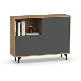 MUEBLES PITARCH Anori Sideboard für Wohnzimmer, Esszimmer, mit Beinen, Farbe: Eiche, Gold und Grau, 112 cm