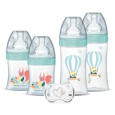 DODIE 4 Babyflaschen zur Geburt, flacher Sauger, Anti-Colic (2 x 150 ml und 2 x 270 ml), 1 Schnuller, Geburt