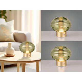 2er Set Retro Akku Tischlampen ohne Kabel mit Glas Lampenschirm Grün, Höhe 14cm