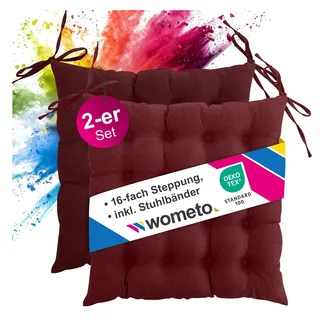 wometo 2er Set Sitzkissen 40x40 Oeko-TEX mit Bändern/Schleifen dunkelrot | gesteppte Sitzpolster / Stuhlkissen mit Steppung für Indoor und Outdoor, drinnen und draußen nutzbar, im Doppelpack