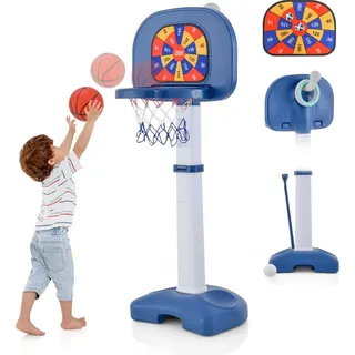 COSTWAY 4 in 1 Kinder Basketballkorb Set, Basketballständer 100-140cm höhenverstellbar & Ringwurf & Klebeball & Golfspiel, Korbanlage für Indoor & Outdoor, Aktivitätszentrum für Kinder ab 3 Jahren