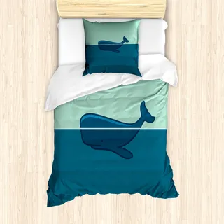 ABAKUHAUS Wal Mantele, Blauwal im Meer, Milbensicher Allergiker geeignet mit Kissenbezügen, 135 cm x 200 cm - 80 x 80 cm, Hellblau und Dunkelblau - Blau