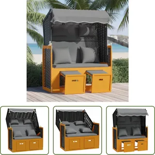 The Living Store Strandkorb mit Kissen Poly Rattan Massivholz Schwarz Anthrazit - Schwarz