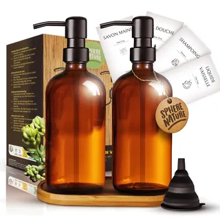 Glas Seifenspender 500 ml Amber Vintage | 2er Set + Trichter + Holztablett + 4 Etiketten | Schwarzer Gebürsteter Edelstahl | Für Seife, Handdesinfektionsgel, Spülmittel, Shampoo (Schwarz)