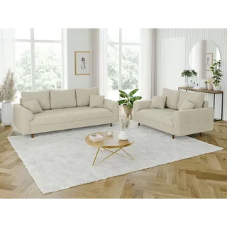 s-style möbel Odin &amp; Polstergarnitur 3+2 mit Braun Holzfüßen im skandinavischen Stil aus Beige, Cord-Stoff