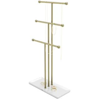 Umbra Trigem Schmuckbaum – Extra Hoher Schmuckständer für Ketten mit integrierter Schmuckablage für Ringe, Ohrringe, Armbänder, Uhren und Accessoires, 3-stufig, Metall, Weiss/Messing, 3-lagig
