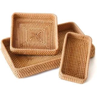 Rattan-Serviertablett, rechteckiger Korb, 3er-Set, Aufbewahrungs- und Organisationskörbe, natürliches dekoratives gewebtes Tablett für Heimdekoration, Badezimmer, Küchentheke