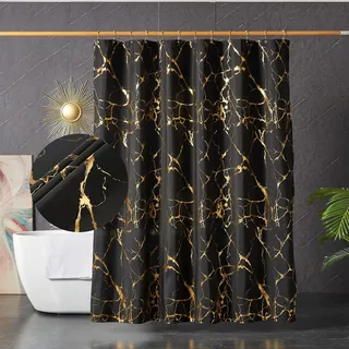HYAWGE Schwarz und Gold Marmor Duschvorhänge für Badezimmer, Glitzer Duschvorhang mit Haken, einzigartige Folie Gold Bedruckt, wasserdicht, waschbar, Stoff-Duschvorhang, Standard 183 x 183 cm
