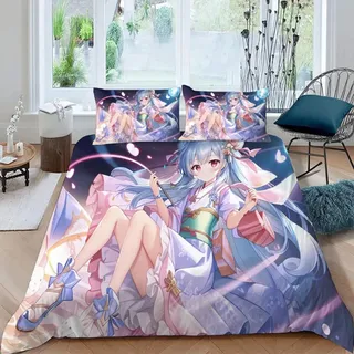 Bettwäsche 135x200 Winter Anime Mädchen Bettwäsche-Sets 3 Teilig 3d Japanische Manga-Kawaii Bettbezug Weich Mikrofaser Bettbezüge mit Reißverschluss und Kissenbezug 80x80cm für Erwachsene Kinder