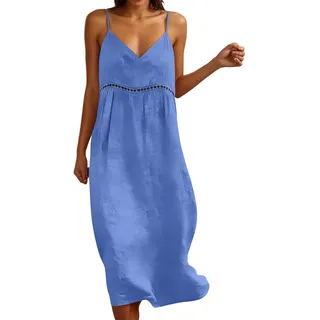 Neckholder Kleid Damen Sommer Maxi Kleid mit V-Ausschnitt Leichte Luftige Strandkleid Freizeitkleid Spaghetti Leinenkleid