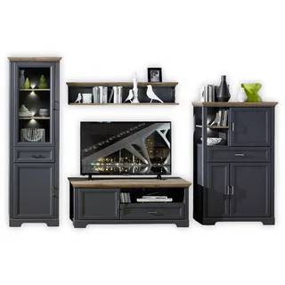 Stella Trading JASMIN Wohnwand Komplett-Set in Graphit, Artisan Eiche Optik - Schrankwand mit LED-Beleuchtung für Ihr Wohnzimmer im Landhausstil - 326 x 204 x 51 cm (B/H/T)