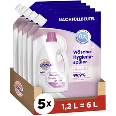 Sagrotan Wäsche-Hygienespüler Sensitiv Nachfüller – Desinfektionsspüler für hygienisch saubere und frische Wäsche – 5 x 1,2 l Reiniger im praktischen Vorteilspack