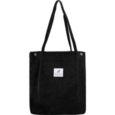 Damen Große Handtasche Kord Shopper Cord Tote Bag für Bücher Reisen Alltag Schule Arbeit Einkaufstasche für Mädchen 40x41cm schwarz
