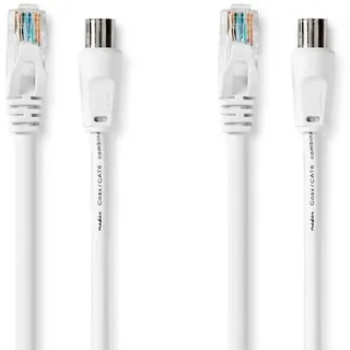 Nedis Koaxial- & Cat6-Kabel - IEC (Koax) Stecker/RJ45 Stecker - IEC (Koax) Bus/RJ45 Stecker - vernickelt - RG58-75 Ohm - Doppelschirmt - 3,00 m - rund - PVC - weiß - Etikett