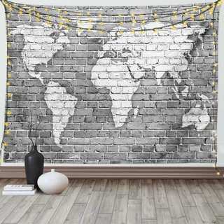 ABAKUHAUS Antiquität Wandteppich, Weltkarte auf Old Brick, Wohnzimmer Schlafzimmer Heim Seidiges Satin Wandteppich, 200 x 150 cm, Hellgrau Weiß