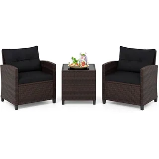 COSTWAY Gartenmöbel Set Polyrattan, 3-tlg. Balkonmöbel Set inkl. 2 Sessel, Kissen & Tisch mit gehärteter Glasplatte, wetterfeste Sitzgruppe 2 Personen - Braun, Schwarz
