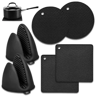 6er Set Silikon Topfuntersetzer, Hitzebeständig bis 240°C, Anti-Rutsch Topflappen mit Aufhänge-Loch, Spülmaschinenfest Küchenuntersetzer für Töpfe & Pfannen(Schwarz)