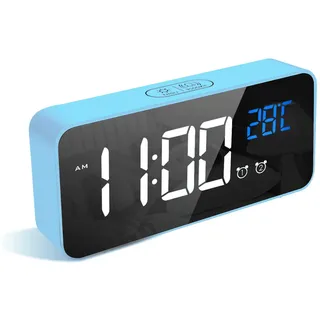 LATEC Digitaler Wecker mit Große LED Temperaturanzeige, Tischuhr mit 10 Musik, USB Ladeanschluss, 4 Helligkeit und Lautstärke Regelbar, Snooze, tragbarer Spiegelalarm mit 2 Alarmen, 12/24H, Blau