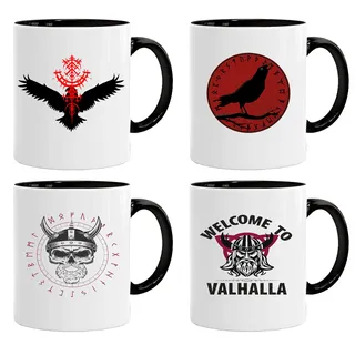 Wikinger Tasse |Viking 4er Pack Becher Set 04 | Kaffee säuft Kaffee-Becher Geschenk Geschenkidee für alte Männer Papa Opa Kaffeetasse Wikinger-Motiv Tasse mit Spruch