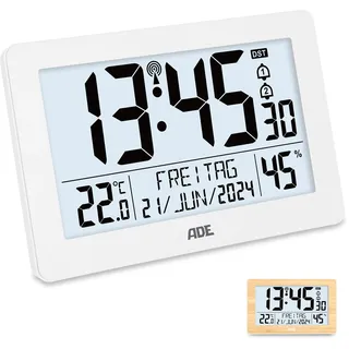 ADE Digitale XL-Funkuhr mit sehr großen Ziffern | Tischuhr mit 2 Weckzeiten und Beleuchtung | Thermometer & Hygrometer | batteriebetrieben | Uhr zum Hinstellen | schmaler weißer Rahmen
