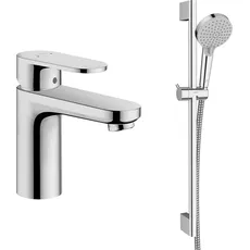 hansgrohe Set mit Vernis Blend Waschtischarmatur wassersparend, Auslaufhöhe100mm, mit Zugstange + Brausestangenset mit Duschkopf, Brausestange 0,65m und Brauseschlauch 1,60m (Chrom)