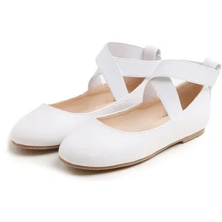 Feversole Girls Cute Dress, Mädchen süßes Kleid Mary Jane Schuhe weiche Party Urlaub Ballerinas Runde Spitze Stretchy,Synthetik elastisch flach Weiß Größe 29 EU