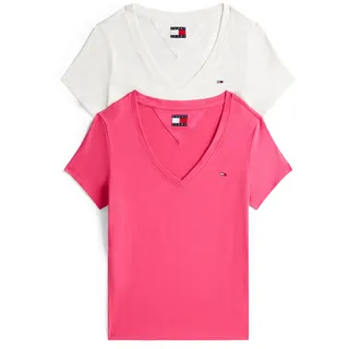 T-Shirt TOMMY JEANS "TJW 2PACK V-NECK TEE", Damen, Gr. XS (34), rosa (ecru, jewel pink), Jersey, Obermaterial: 100% Baumwolle, gestreift, regular fit hüftlang, V-Ausschnitt, abgesteppt, Shirts T-Shirt, mit Logostickerei