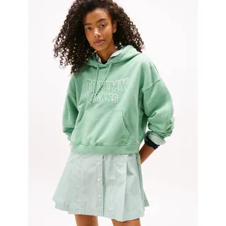 Kapuzensweatshirt TOMMY JEANS "TJW BXY CRP VARSITY HOODIE", Damen, Gr. L (40), cloudy jade, Sweatware, Obermaterial: 100% Baumwolle, bedruckt, Sweatshirts Kapuzensweatshirt