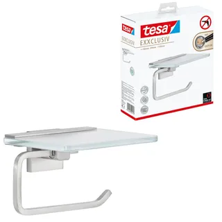 Tesa EXXCLUSIV Toilettenpapierhalter mit Ablage aus Milchglas, verchromte Halterung - zur Wandbefestigung ohne Bohren, inkl. Klebelösung - 160mm x 99mm x 139mm