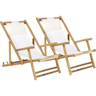BELIANI Liegestuhl Bambusholz mit beigem Bezug 2er Set zusammenklappbar Balkon Terrasse - Braun, Weiß