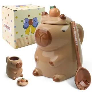 Realjoy Capybara Tasse, 450 ML Teetasse mit Deckel, Capibara Lustige Tassen, 3D Form Kaffeetasse mit Löffel, Cute Mug, Capybara Merch, Geschenke für Frauen, Kinder und beste Freundinnen