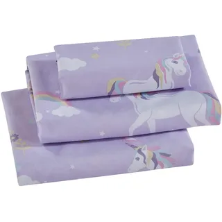Linen Plus Bettlaken-Set für Kinder und Jugendliche, Einhorn, Vogel, Stern, Blumen, Wolken, Lila, Pink, Gelb, Weiß, Lila