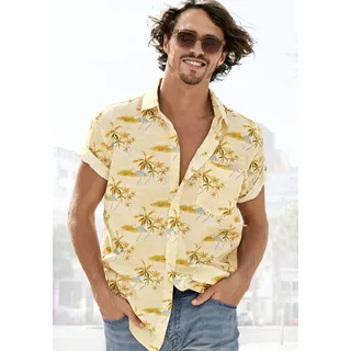 Hawaiihemd BEACHTIME "Regular fit", Herren, Gr. L (41/42), N-Gr, gelb (gelb, bedruckt), Web, Obermaterial: 100% Baumwolle, gemustert, regular fit, ohne Ausschnitt, abgesteppte Kante, Hemden Hawaiihemd, Kurzarm, Freizeithemd mit Palmenprint, reine Baumwolle, Topseller