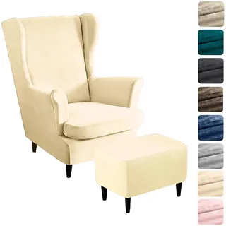 Alishomtll 3 Teilig Ohrensessel Überzug Mit Ottomane Schonbezug Stretch Samt Sessel-Überwürfe Elastisch Einfarbig Sesselhusse Strandmon Tiger Stuhlbezug mit Armlehne Hohe Rückenlehne (Beige)