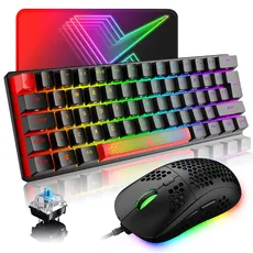 LexonElec Gaming-Tastatur (Red Black) UK Layout Mechanische Spieletastatur RGB 14 Hintergrundbeleuchtungseffekte Mini 62 Tasten Kabel Typ C + Leichtes RGB 6400DPI Wabenmaus + Mauspad Kompatibel