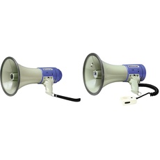 MONACOR TM-25 Megafon, 25W, Weiß, Blau & TM-27 Megafon mit Lautstärkeregler und Sprech-Feststelltaste, leistungsstarke Flüstertüte mit 119-dB Schalldruck