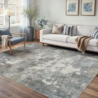 PureCozy Abstraktes Teppich Wohnzimmer 160x230cm rutschfest Kurzflor Kunstwolle Schlafzimmer Teppich Waschbar Minimalistisch Bettvorleger Teppiche Blau-Grau für Wohnzimmer Schlafzimmer Bereich Dekor