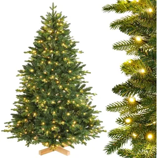 Yorbay künstlicher Weihnachtsbaum Nordmanntanne mit Beleuchtung LED Tannenbaum mit Holzständer für Weihnachten-Dekoration, aus PE und PVC, Mehrweg (180cm)
