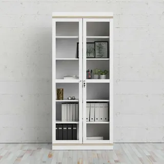 Dmora - Vitrine Laure, Glas-Sideboard, Mehrzweckvitrine, Hängendes Bücherregal mit Glastüren, 89x36 h200 cm, Weiß und Eiche