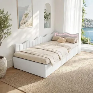 90x200 cm Schlafsofa mit Bettkasten, Polsterbett Daybett mit Kopfteil, Schlafsofa Einzelbett gepolstert mit Lattenrost, Boxspringbett mit Bettkasten, Tagesbett (Weißer Teddystoff)