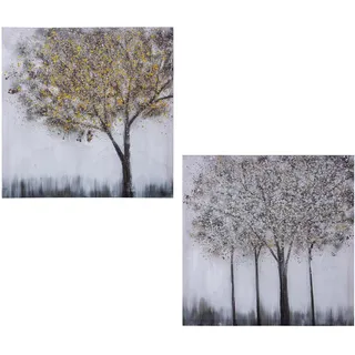 DRW Set mit 2 Leinwandbildern, quadratisch, handbemalt, 40% mit Bäumen in verschiedenen Farben, 60 x 60 x 3 cm