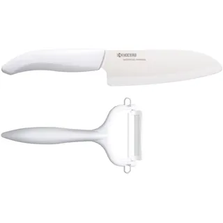 Kyocera GEN WHITE Cut & Peel Set Keramik Santoku Messer mit Schäler | Klinge 14 cm | ergonomischer Griff | extrem scharfes Küchenmesser und Sparschäler | Kochmesser Profi Messer