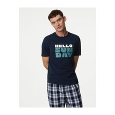 Mens M&S Collection Pure Cotton Hello Sunday Loungewear Top - Navy Mix, Navy Mix - M